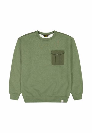 Green sweatshirt with a round neckline, long sleeves, and a front pocket. Made of a textured fabric with a ribbed hem and cuffs.