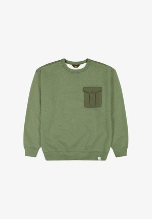 Grøn sweatshirt med runde halsudskæring, lange ærmer og en frontlomme. Fremstillet af et struktureret stof med ribbet kant og manchetter.