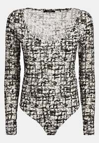Bodysuit à manches longues noir et blanc à texture avec encolure dégagée et silhouette ajustée.