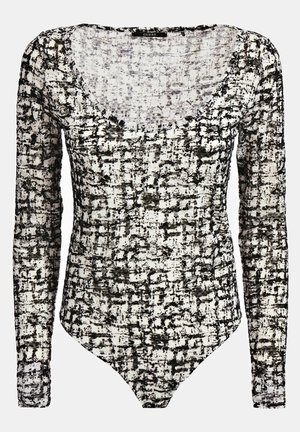 Bodysuit à manches longues noir et blanc à texture avec encolure dégagée et silhouette ajustée.