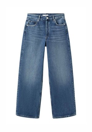 Jean en denim bleu à jambes larges avec une finition délavée, doté de cinq poches, d'une fermeture à boutons et à glissière, et d'une coupe droite.