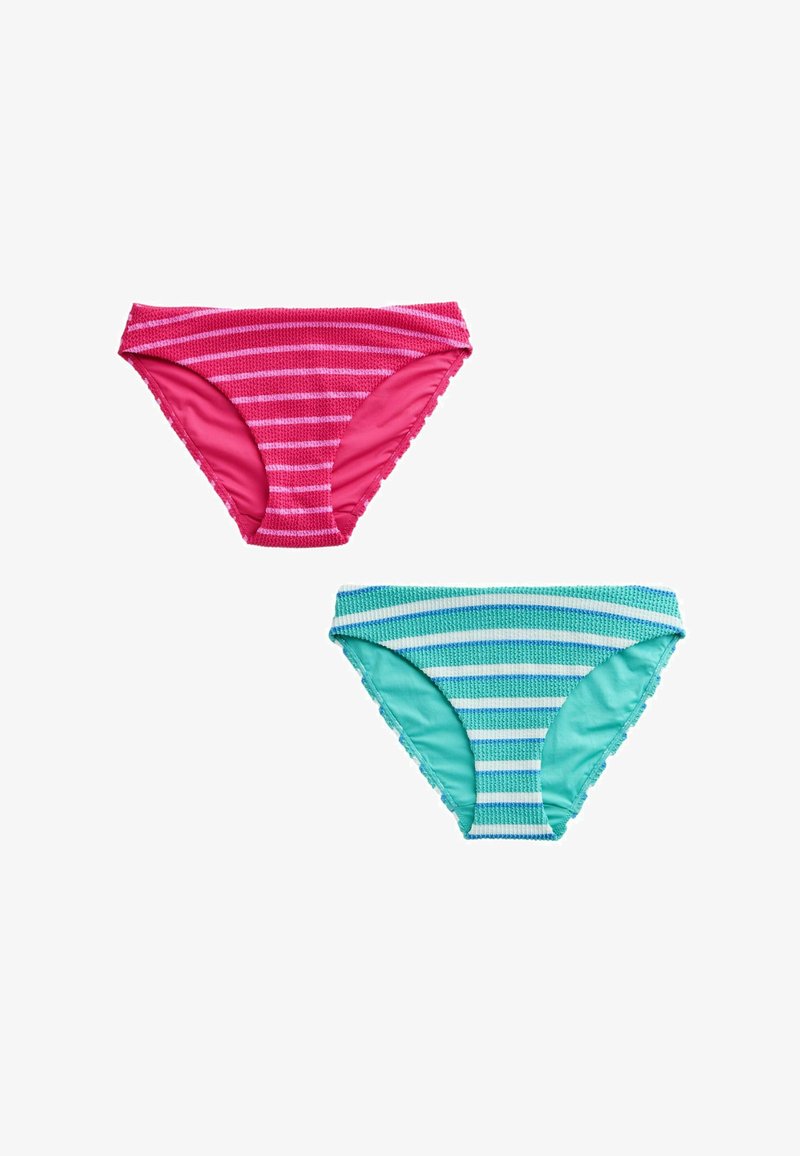 Deux bas de bikini : l’un rose avec des rayures étroites, l’autre bleu sarcelle avec des rayures horizontales. Les deux présentent un tissu texturé et des volants.
