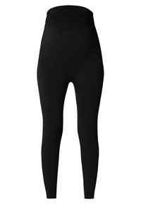 Leggings noires côtelées avec taille haute. Le tissu est extensible et texturé, offrant un ajustement snug pour le confort et la polyvalence.