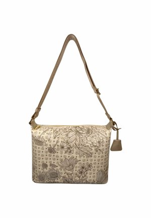 Borsa a tracolla beige con tracolla regolabile, stampa floreale marrone dettagliata, piccolo motivo ripetuto "P" e chiusura con cerniera.