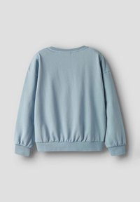 Sudadera de color azul claro con escote redondeado, mangas largas y dobladillo elástico. Textura suave y corte relajado. Sin patrones ni adornos visibles.