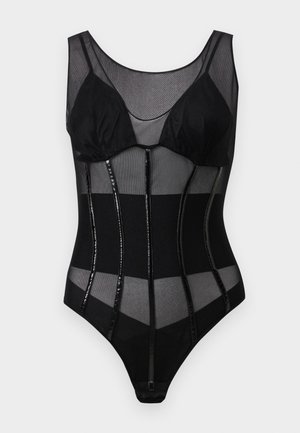 Bodysuit negro con un diseño de malla y paneles opacos, tirantes ajustables y acentos verticales brillantes. Textura suave y forma ajustada.