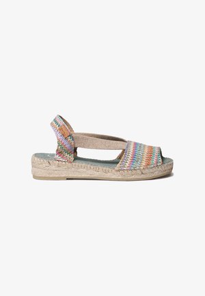 Geweven espadrille sandaal met een kleurrijk patroon op het bovenwerk, beige bandjes, een open teen ontwerp en een zool met sleehak omwikkeld met jute.