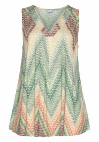 Sleeveless tunic with a V-neckline. Features a multi-colored zigzag pattern in shades of green, peach, and brown. Lightweight, textured fabric.