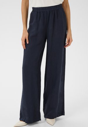 Navy wide-leg pants made from a lightweight fabric. Features an elastic waistband and a relaxed fit. Smooth texture with flared legs.