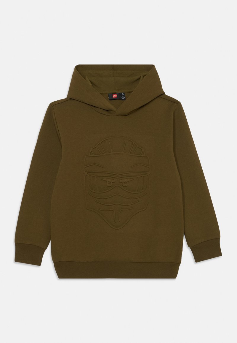 Sweatshirt verde oliva feito de tecido macio com um gráfico texturizado de um rosto mascarado na parte da frente. Tem capuz com cordão e punhos canelados.