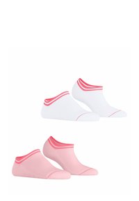 Vier Paare Knöchelsocken: zwei weiße mit pinken Streifen und zwei pinke mit passenden pinken Streifen. Baumwollmaterial, tief geschnittenes Design.