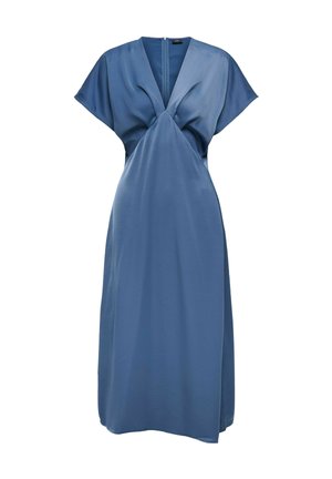 Sinine kleit sujuva kangaga, millel on sügav V-kaelus, lühikesed lendlevad varrukad ja modelleeritud rinnahoidja, mis voolab sirge seeliku juurde. Tagumine tõmblukk.