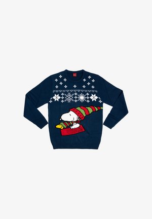 Maglione blu navy con un'illustrazione lavorata a maglia di un cane con un cappello rosso e verde, e motivi di fiocchi di neve bianchi nella parte superiore.