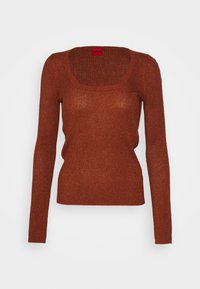 Pull en maille côtelée couleur rouille avec de longues manches et un décolleté carré, présentant un léger éclat à travers le tissu.