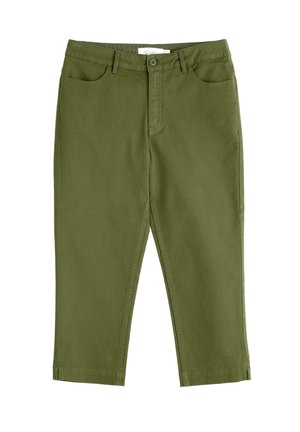 Olijfgroene katoen broek met een recht model, voorzien van twee voorzakken, een knoopsluiting en een cropped lengte nabij de enkels.