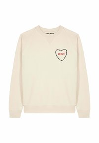 Felpa beige con scollo rotondo e maniche raglan. Presenta una grafica a forma di cuore con la scritta "AMOUR" in rosso sul petto a sinistra.