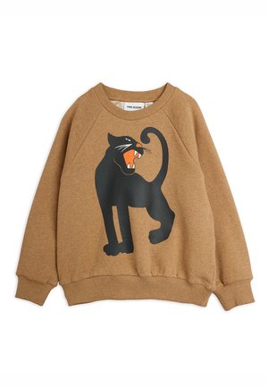 Brun sweatshirt med stort sort pantergrafik, der viser hugtænder og åben mund på fronten.