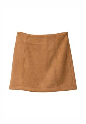 Bruine suède minirok met een zachte textuur, voorzien van verticale stiksels en een rechte zoom. De tailleband heeft een discrete rits.