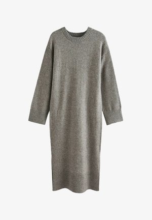 Szary dzianinowy sweter w formie sukienki z długimi rękawami, okrągłym dekoltem, ściągaczami przy mankietach i u dołu, o prostym kroju i bocznymi rozcięciami.