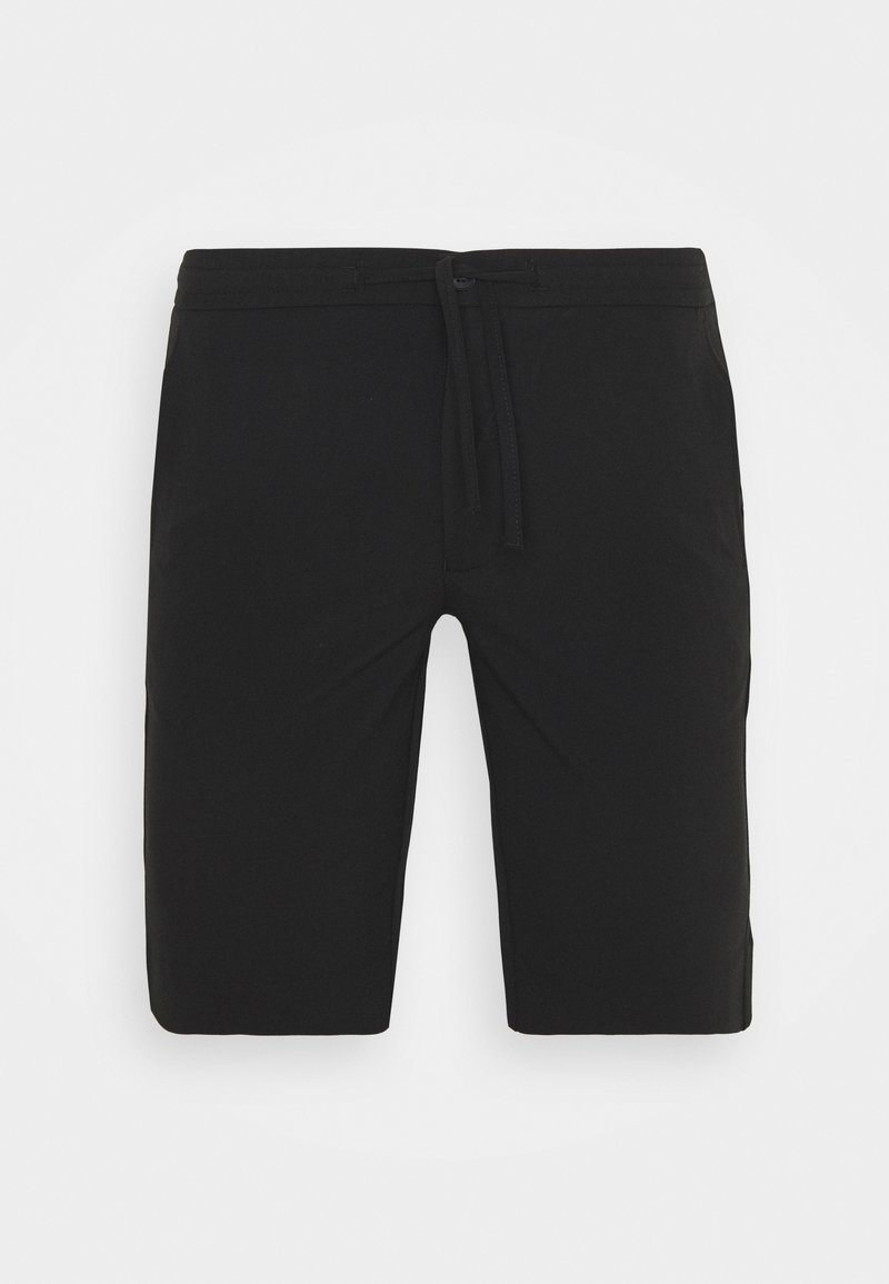 Shorts noirs mi-longs avec une taille à bouton et cordon de serrage, coupe droite, et poches latérales sur fond blanc.
