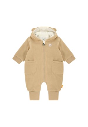 Beige Fleece Baby Overall mit Kapuze, Bärenohren, Frontreißverschluss, zwei Vorderentaschen und Bärenapplikation. Weiche Textur, elastische Bündchen.