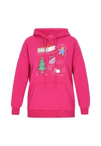 Fuchsiová mikina s kapucí se stahovací šňůrkou, přední kapsou a slavnostními grafickými motivy včetně vánočního stromku a perníkového muže.