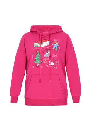 Fukszia kapucnis pulóver húzózsinóros kapucnival, első zsebbel és ünnepi grafikákkal, köztük egy karácsonyfa és egy mézeskalács figura.