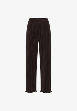Pantalons larges plissés noirs avec une taille élastique et des ourlets festonnés, fabriqués à partir d'un tissu doux et texturé.