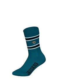 Skarpeta w kolorze morskim z czarno-białymi paskami, logo jaguara oraz napisem "JAGUARS" w pogrubionych czarnych literach na stopie. Wykonana z elastycznego materiału.