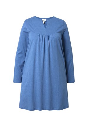 Blaues langärmliges Kleid aus weichem Stoff mit V-Ausschnitt, gerafftem Detail unter der Brust und einer lockeren A-Linie Silhouette.