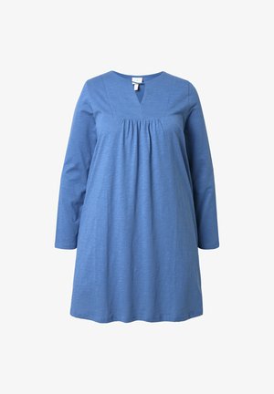 Blaues langärmliges Kleid aus weichem Stoff mit V-Ausschnitt, gerafftem Detail unter der Brust und einer lockeren A-Linie Silhouette.