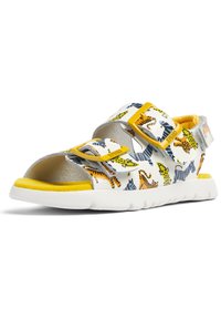 Children's sandals with white base, yellow accents, and tiger patterns in orange and blue. Features two adjustable straps and a cushioned sole.