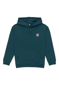 Turkoosi huppari, joka on valmistettu pehmeästä kankaasta. Siinä on edessä kengurupocket, ribbed hihansuut ja pieni oranssi logo rinnassa.