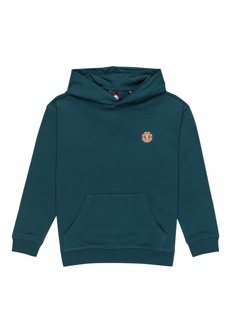 Turkoosi huppari, joka on valmistettu pehmeästä kankaasta. Siinä on edessä kengurupocket, ribbed hihansuut ja pieni oranssi logo rinnassa.