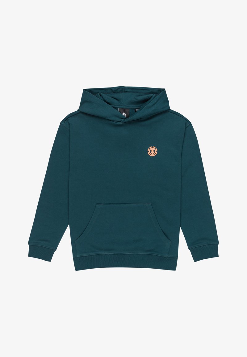 Turkoosi huppari, joka on valmistettu pehmeästä kankaasta. Siinä on edessä kengurupocket, ribbed hihansuut ja pieni oranssi logo rinnassa.