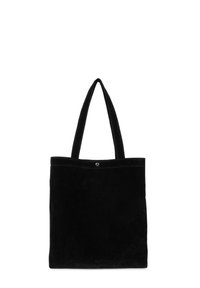 Borsa tote in suede nero con due manici, forma rettangolare e dettaglio di chiusura a scatto nella parte superiore. Texture liscia e design minimalista.