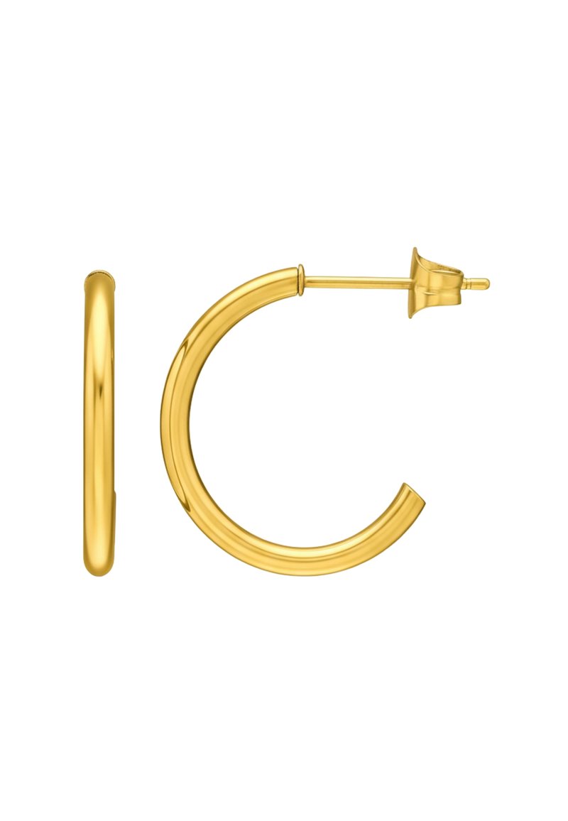 Gouden hoepeloorbellen, gladde oppervlakte, ronde vorm, met een post- en sluiting achtering, met een gepolijste afwerking en een lichte kromming.