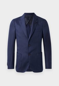 Kék blézer, hegyes hajtókával, két elülső zsebbel, két gombos záródással és sima szövet textúrával. Fekete gombokkal és elegáns dizájnnal rendelkezik.