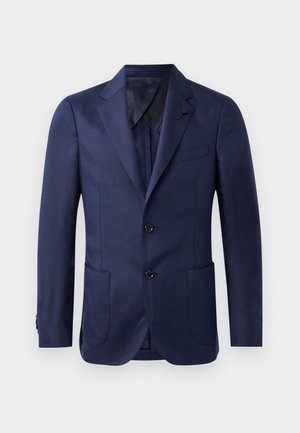 Navy blazer with a notched lapel, two front pockets, two-button closure, and smooth fabric texture. Features black buttons and a sleek design.