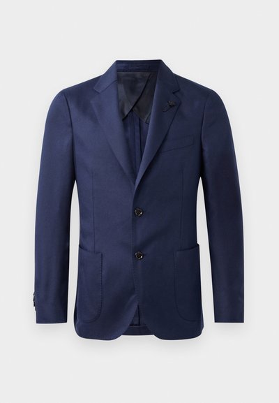 Navy blazer with a notched lapel, two front pockets, two-button closure, and smooth fabric texture. Features black buttons and a sleek design.