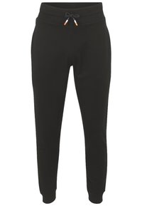 Zwarte joggerbroeken van zacht materiaal, met een tailleband met trekkoord en kleurrijke tips, en tapered benen met zijzakken.