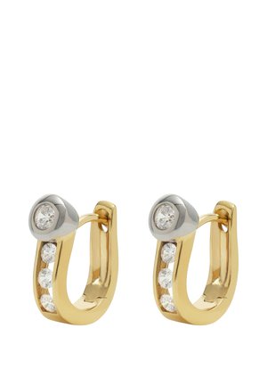 Gold and silver hoop earrings with four embedded clear gemstones on each, featuring a clasp closure design.