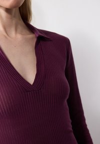 Long-sleeve top in deep purple ribbed fabric, featuring a V-neckline and textured finish. Collared design with subtle sheerness.
