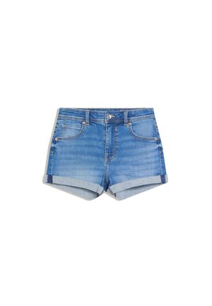 Denim shorts met een lichtblauwe wassing, opgerolde zomen, twee voorzakken en een metalen knoopsluiting. Soepele textuur met zichtbare stikselaccenten.