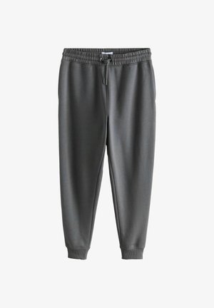 Szürke, puha anyagból készült tréningnadrág, rugalmas derékkal, húzózsinórral és bordás mandzsettával a bokáknál.