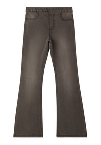 Pantaloni in denim marrone svasati con una texture morbida, dotati di due tasche frontali, una vita elasticizzata e dettagli di cucitura sottili.