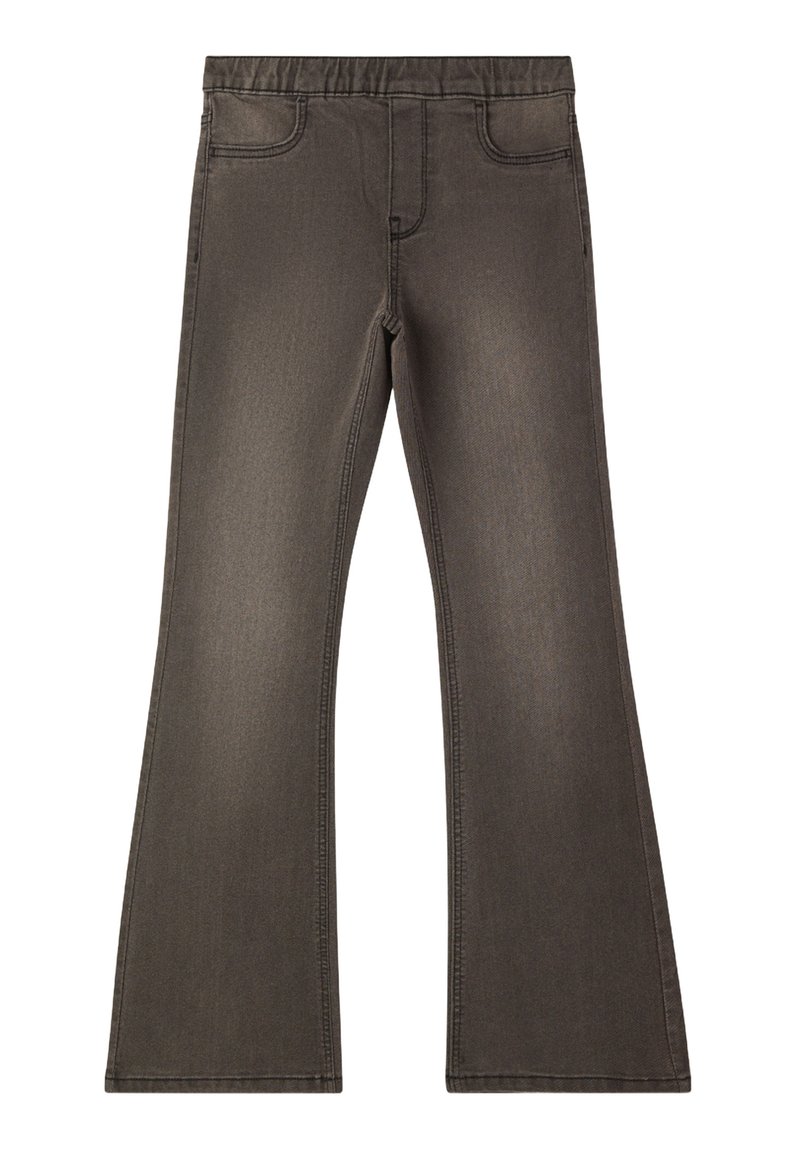 Pantaloni in denim marrone svasati con una texture morbida, dotati di due tasche frontali, una vita elasticizzata e dettagli di cucitura sottili.