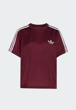 Bourgundské sportovní tričko s bílým třím proužkovým lemováním na rukávech a vyšitým logem na hrudi. Vyrobeno z hladké, lehké látky.