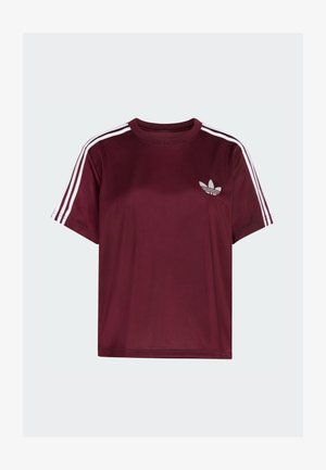 Maglietta sportiva color bordeaux con dettaglio a tre strisce bianche sulle maniche e logo ricamato sul petto. Realizzata in tessuto liscio e leggero.