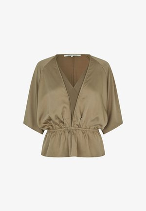 Oliivinvihreä kietaisupaita, tehty sileästä kankaasta, jossa syvä V-pääntie, lyhyet hihat ja kuminauhavyötärö, joka luo kerrostetun efektin.